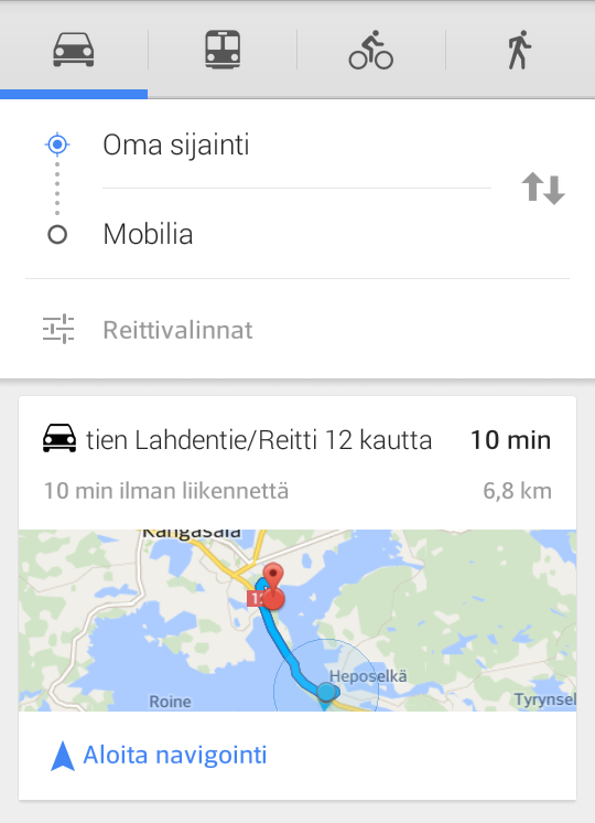 Älypuhelinten monipuoliset toiminnot ovat tuoneet navigaattorin kännykkään, joten autoilija ei välttämättä tarvitse erillistä navigointilaitetta. Kuvassa Google Mapsin navigointitoiminto, joka on käytettävissä älypuhelimella.